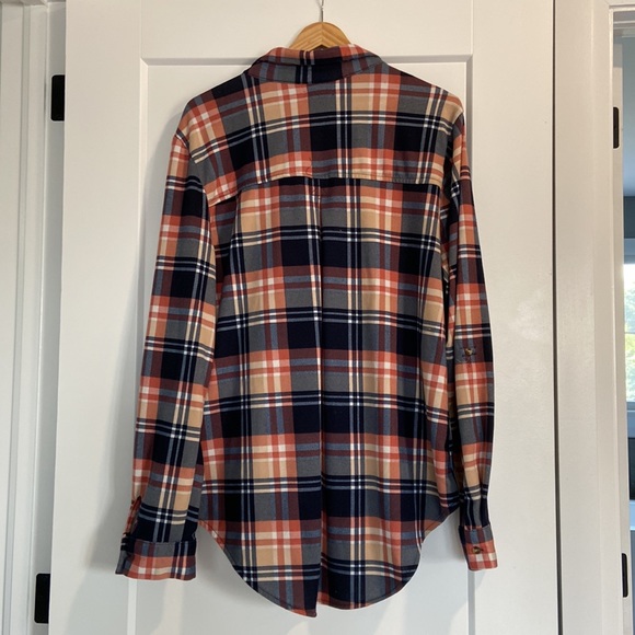 Womens Top Size XXL Tattoo Long Sleeve Button Down Flannel Blue Beige Coral - Picture 5 of 10